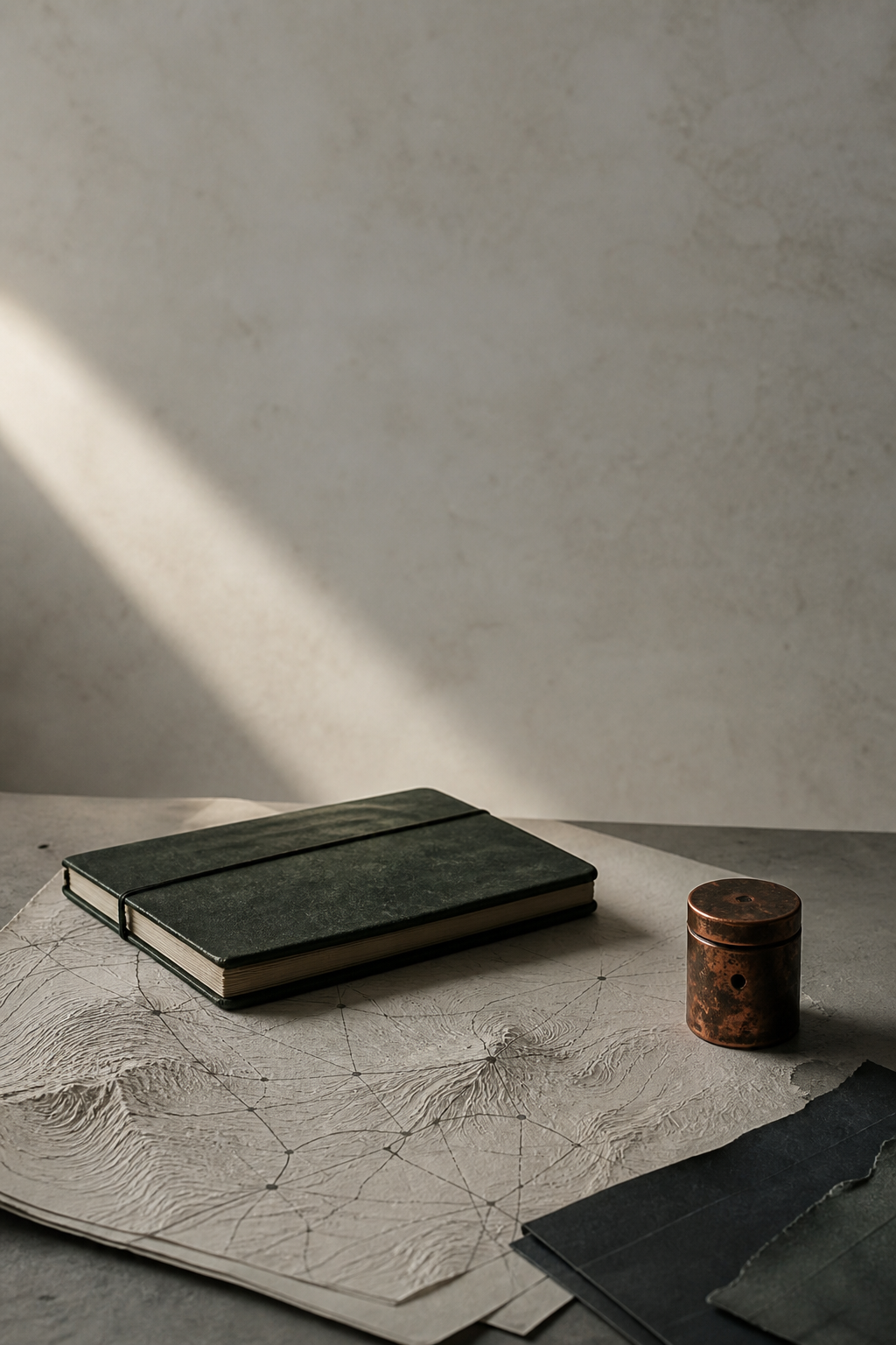 An editorial still life of a notebook, a topographic paper and a copper object.