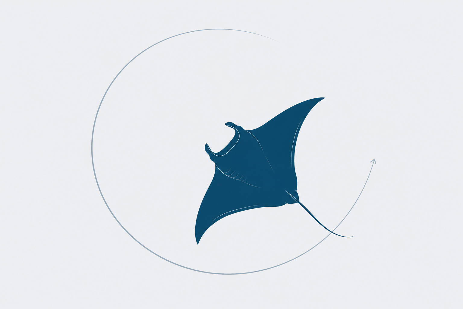 A blue manta ray swimming through a circular loop.